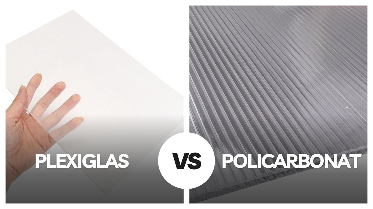 Imagine divizată în care se compară, în partea stângă, o bucată de plexiglas ținută în mână, cu textură netedă, și, în partea dreaptă, o foaie de policarbonat cu nervuri.